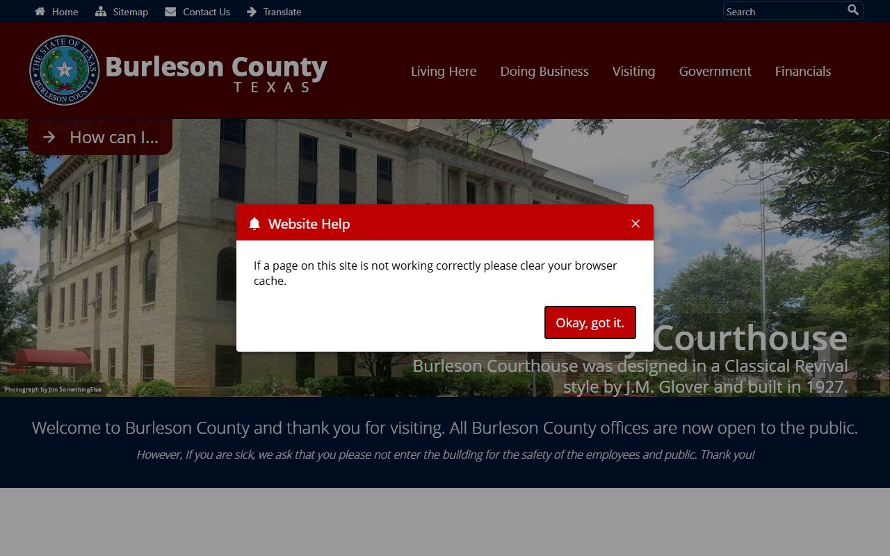 Burleson County website with police records and government information