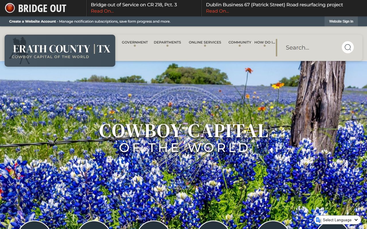 Erath County website showing police records and sheriff contact information