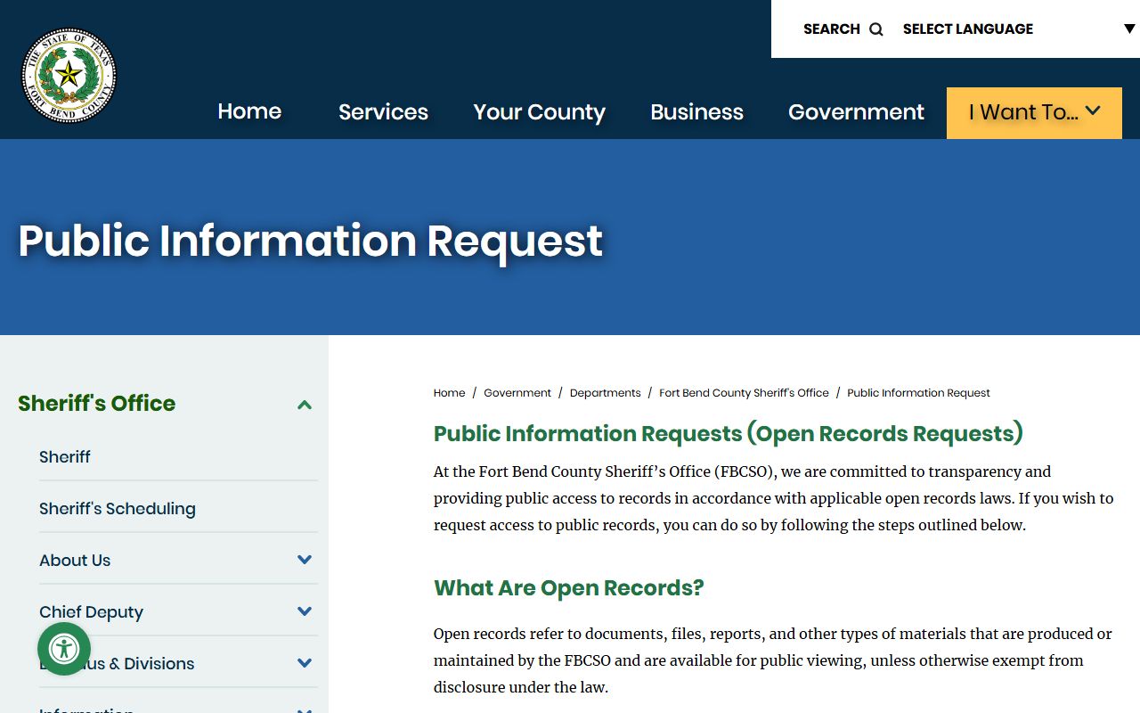 Fort Bend County public information request page for police records