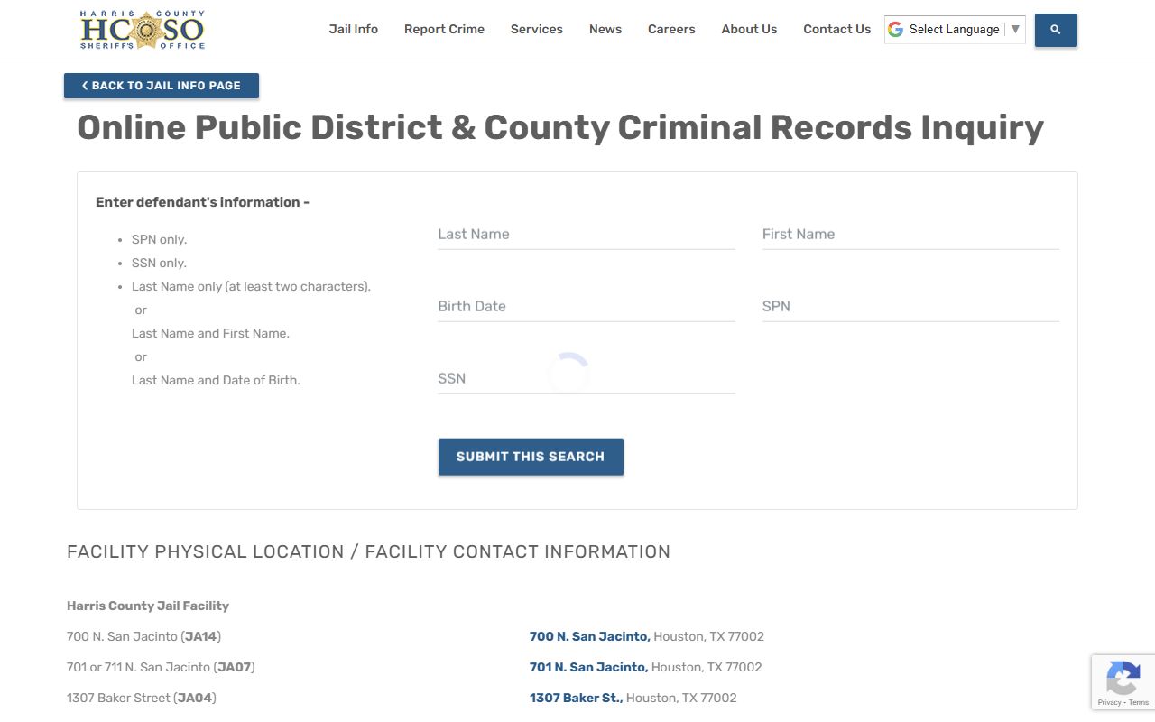 Harris County Inmate Locator search page