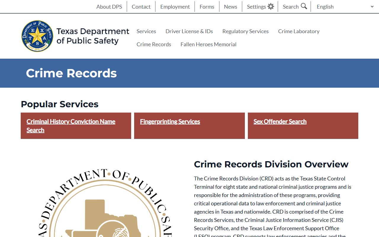 Texas DPS Crime Records Division police records search portal